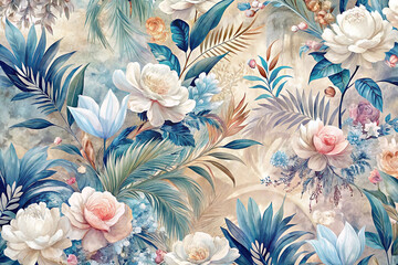 Lush teal and beige floral seamless pattern.