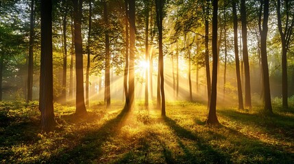Fototapeta premium Serene forest landscape with sun rays filtering through tall trees, creating a peaceful atmosphere