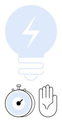 Light bulb with lightning bolt for creativity, stopwatch for time management, hand for control or pause. Ideal for innovation, productivity, focus, decision-making, workflow, planning abstract line