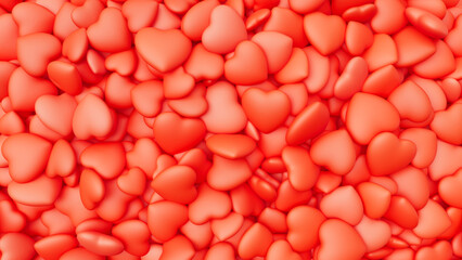 Red hearts background for Valentine's Day. Pile of hearts. Romantic backdrop. 3d render illustration