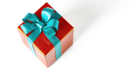 Obraz premium gift box wrapped in glossy red paper with a large satin bow on top, sitting on a clean white surface