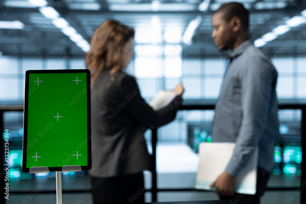 Poster focus on mockup device in front of data center technicians in blurry background analyzing metrics. c