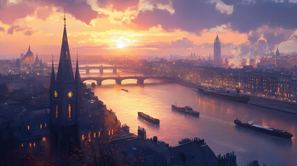 Fototapeta premium Sunset illuminates church spire over river cityscape. Twilight Spire. Illustration