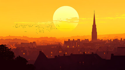 Obraz premium Sunset over city rooftops, warm and golden hues, distant spire in background. Twilight Spire. Illustration