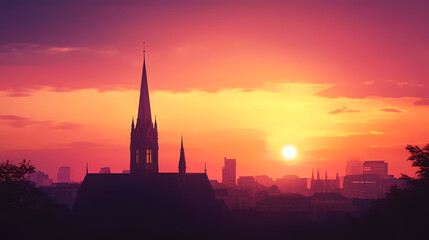 Obraz premium Sunset panorama over city skyline with church spire. Twilight Spire. Illustration