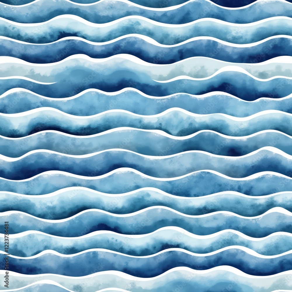Poster abstract seamless pattern waves in shades of blue. watercolor style creates textured ocean look. sui
