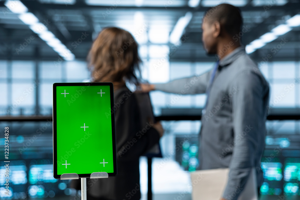 Poster isolated screen mockup tablet in front of engineers in blurry background working in server farm, ana