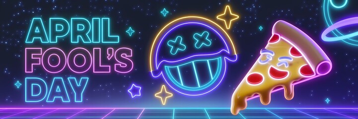A 3D render of a creative minimalist April Fool's Day poster design with a neon theme. The text "April Fool's Day" is written in large, bold letters. There is a laughing face made of a pizza 