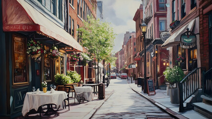 Charming street scene of North End in Boston with Italian restaurants
