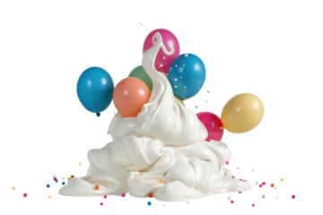 A whimsical explosion of colorful balloons and fluffy meringue creates a joyful celebration in a light and airy setting isolated on transparent background