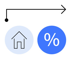 Arrow pointing towards house icon and percentage symbol, illustrating mortgage interest rates direction and trends. Ideal for finance, real estate, loans, banking, investment, economy, savings