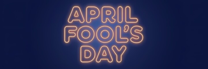 A creative minimalist April Fool's Day poster design with a neon theme. The text "April Fool's Day" is written in large, bold letters with a playful, curved shape. The background is a dark blue colour