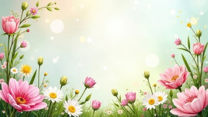 Fototapeta premium Pink, white and yellow flowers and green grass are arranged as a frame with a light green background. Concept of spring and nature.