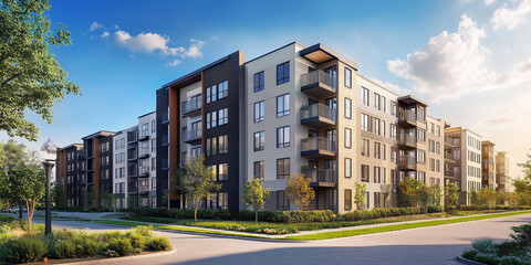 Street view of apartment buildings I'm a beautiful clear day