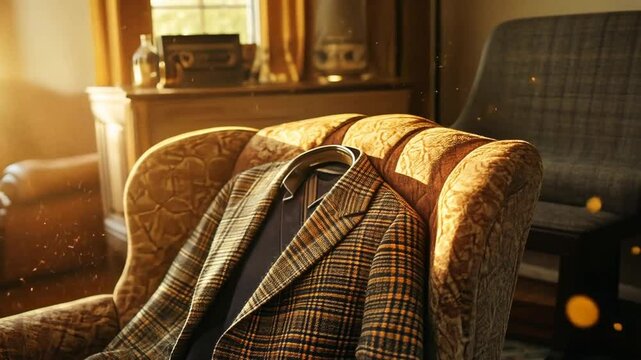 A Brown Tweed Jacket Rests on an Antique Chair