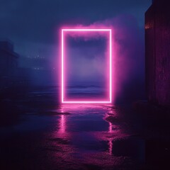 Neon Rectangular Frame in Mist, Dark Foggy Environment, Cool Blues & Purples, Soft Reflections