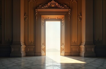 Grand room interior with ornate wood door. Open doorway lets sunlight flood room. Vintage design, classic architecture. Antique wood, marble floor. Ornate details on walls, doorway. Light, shadow