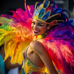 Vibrant carnival celebration featuring dancers in colorful costumes, joyful crowds, and lively...