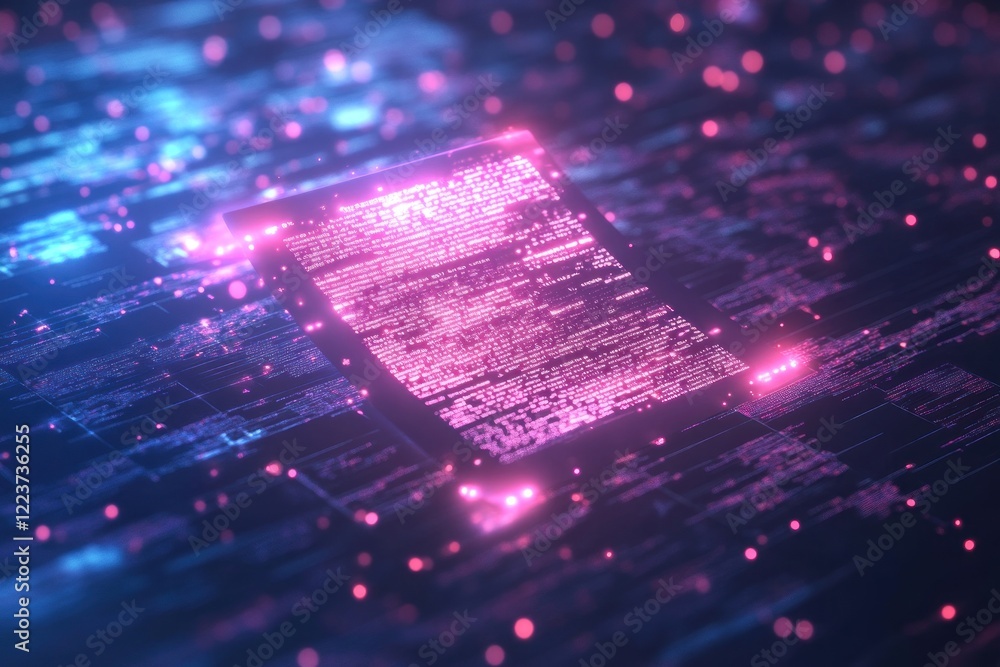 Poster futuristic blockchain technology in digital network. neon digital elements, symbolizing smart contra