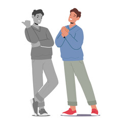 Young man character showcasing positive gratitude emotion hiding dislike feelings and disagreement