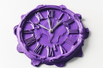 A vibrant purple clock with a textured design and Roman numerals rests on a flat surface, showcasing its artistic flair and unique style isolated on transparent background