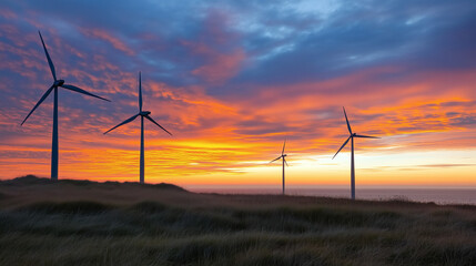 Obraz premium Aerogeneradores en un campo al atardecer, energía sostenible.