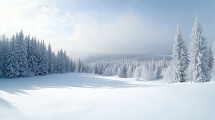 Paisaje invernal con bosque nevado y cielo despejado.
