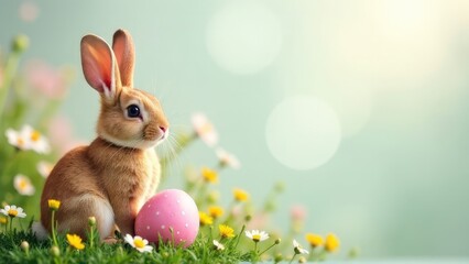 A brown rabbit sits in a field of flowers with a pink egg on the grass. Concept of spring and new life. Easter background