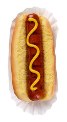 Hot Dog in bun one with Mustard on a white paper tray