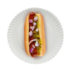 Overhead shot of a Hot Dog with onions and relish on a rustic white paper plate