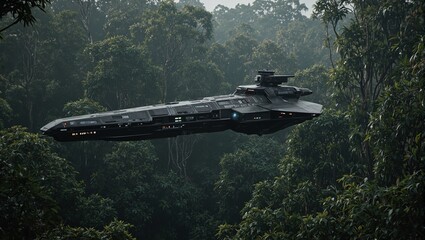 Futuristic spaceship camouflaged in alien jungle