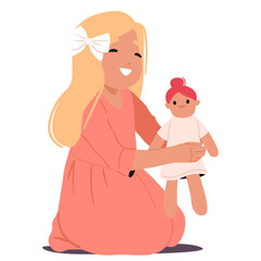 Little pretty girl playing doll feeling happy and cheerful sitting on floor isolated on white