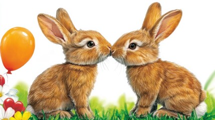 Obraz premium Two charming rabbits sharing a gentle moment by touching noses, capturing the essence of innocence, affection, and the beauty of nature’s simple joys in a whimsical scene.