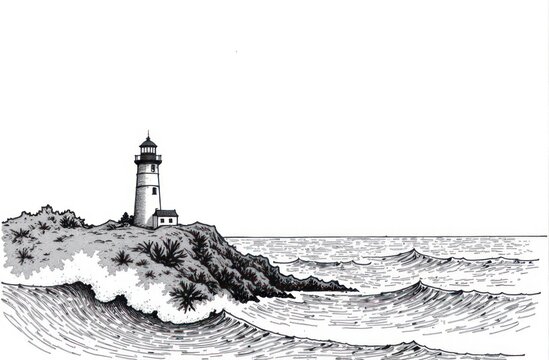 engraving black and white illustration of ancient lighthouse on rocky shore with serene ocean in vintage style. sea navigation, travel concept.
