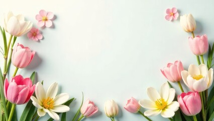 Fototapeta premium Pink and white tulips and small pink flowers create a floral border on a light blue background, with open space in the center. Concept of a floral spring frame. 