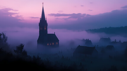 Fototapeta premium Fog envelops an eerie graveyard at dusk with a distant church tower illuminated by soft lights. Twilight Spire. Illustration
