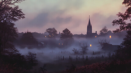 Fog envelops an eerie graveyard at dusk with a distant church tower illuminated by soft lights. Twilight Spire. Illustration