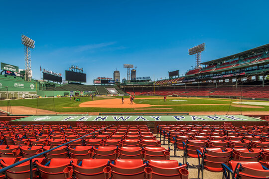 Looking out on the baseball field at Fenway Park from the 3rd base side