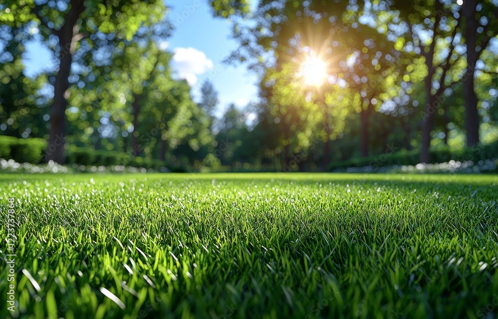 Poster a beautiful blurred background image of spring nature features a neatly trimmed lawn with trees fram