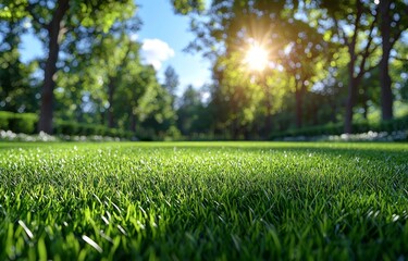 A beautiful blurred background image of spring nature features a neatly trimmed lawn with trees framing it against a blue sky dotted with clouds on a bright sunny day