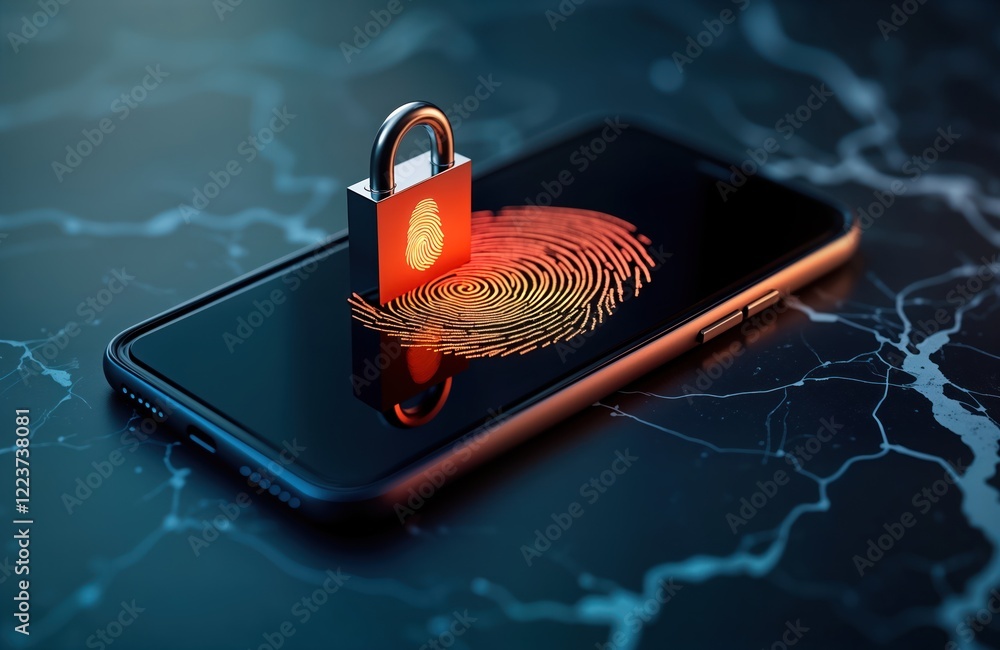 Poster mobile phone security concept illustrated with fingerprint scan, padlock. modern tech illustration d