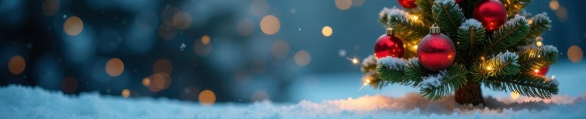 Fototapeta premium Small Christmas tree in a snowy scene with sparkling ornaments and garland lights, shine, snowy, branches