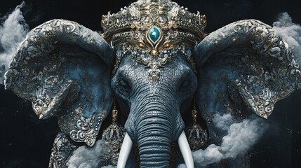 A magnificent adorned elephant with intricate jewelry and a majestic crown, set against a dramatic dark background.