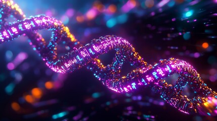 Binary digits in motion, forming a spiraling DNA helix, set against a dark digital void with pulsing neon accents, sci-fi, photorealistic