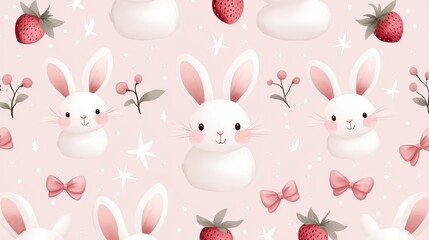 Seamless pattern of fluffy rabbits, strawberries, and bows in a whimsical arrangement, set against a baby pink background for a playful vibe