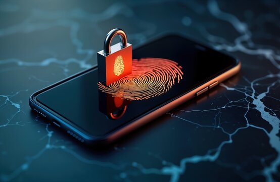 Mobile phone security concept illustrated with fingerprint scan, padlock. Modern tech illustration demonstrates biometric access. Secure digital system symbolized by fingerprint scan, locked screen