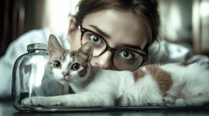 A girl with glasses closely observes her adorable cat, highlighting the bond between humans and pets through their shared curiosity and connection in a cozy environment.