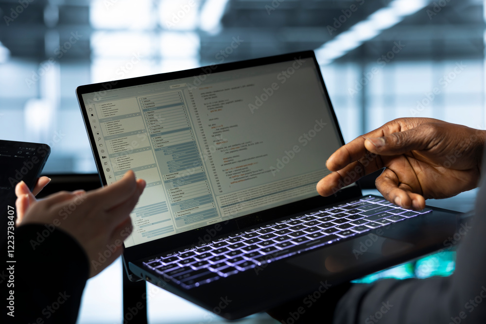 Poster software developers in data center using laptop, analyzing metrics, optimizing storage volumes. it s
