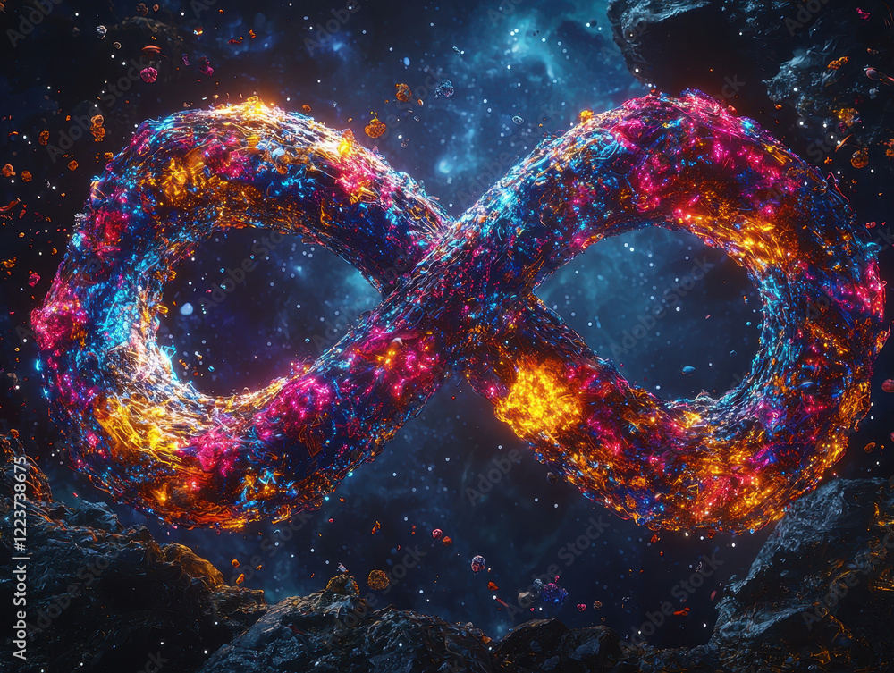 Poster glowing mbius strip visualizes quantum entanglement surrounded by abstract data streams and colorful