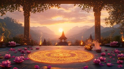 Indian Garden with Zen Meditation Area, Mandala Patterns, Lotus Petals, Incense Smoke overlooking a Small Temple at Sunset. Copy space. Generative AI 